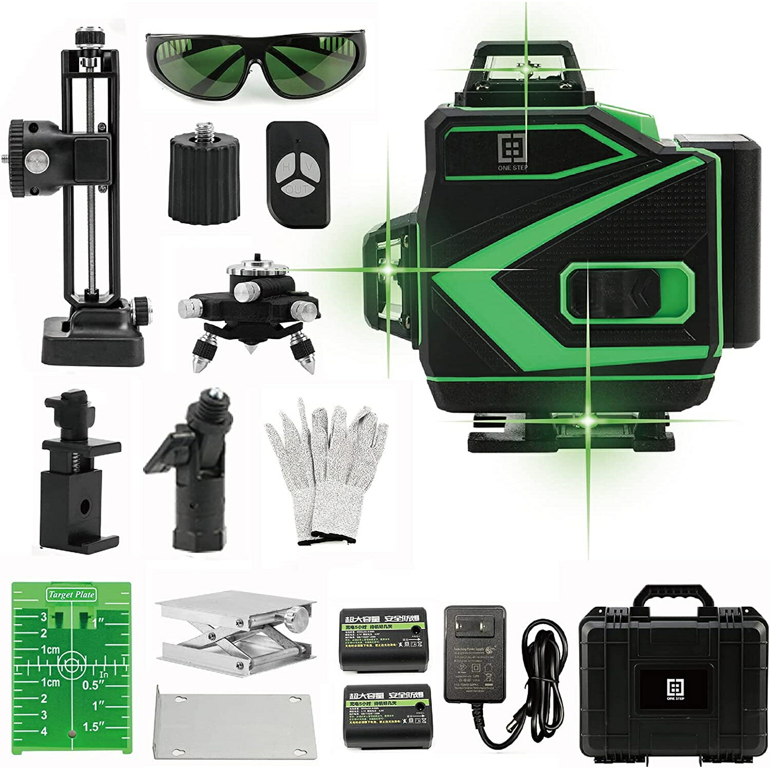  ONESTEP レーザー墨出し器 4x360° 16ライン グリーン レベルレーザー 緑色 レーザー レーザー水平器 自動補正 傾斜モード 高輝度 バッテリー2個付き
